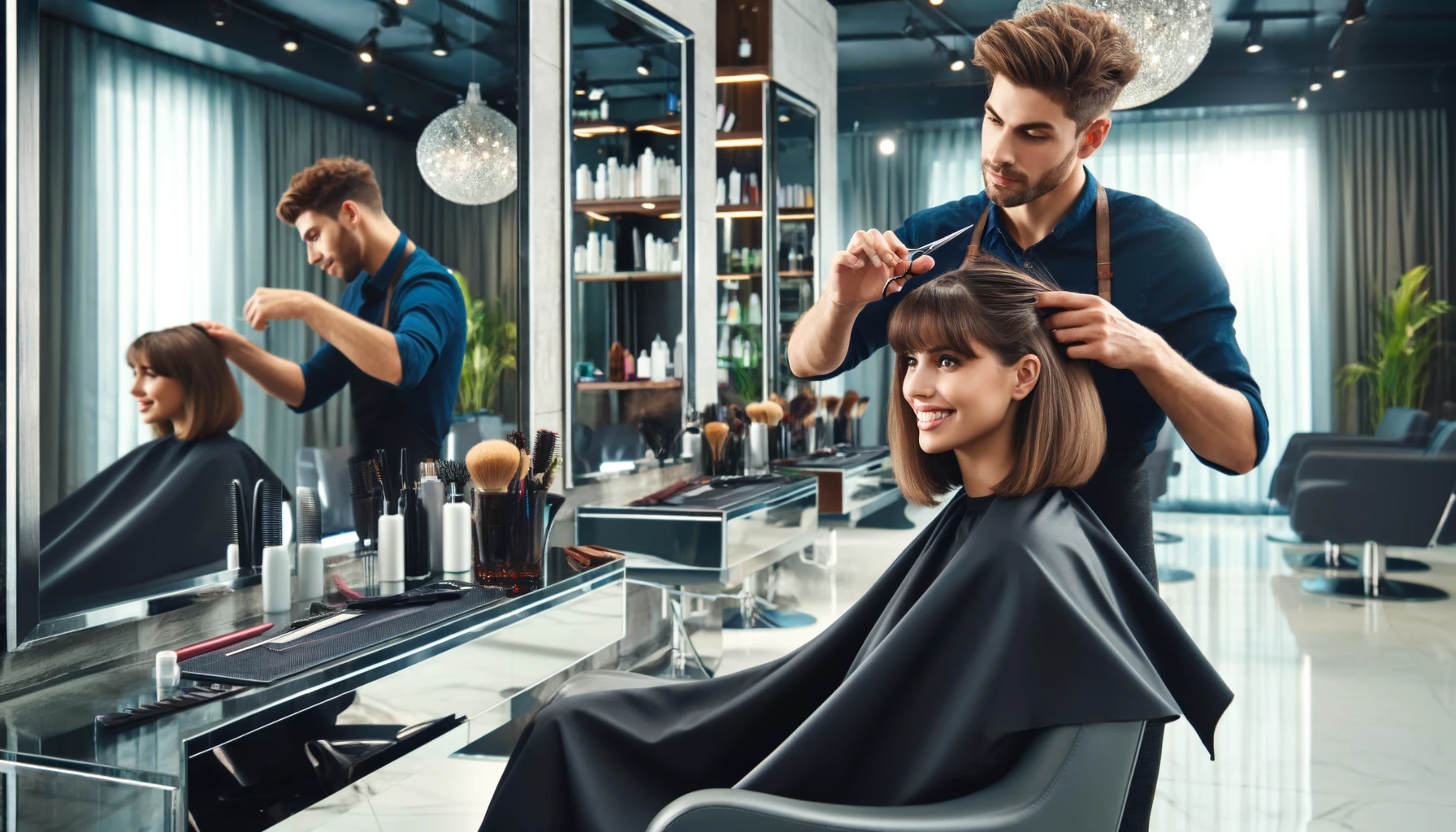 a hairdresser makes a haircut to a woman