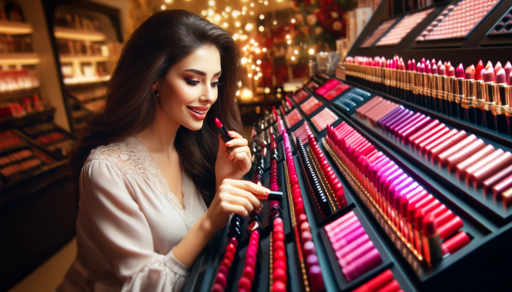 a woman choosing different lipstic shades in the shop