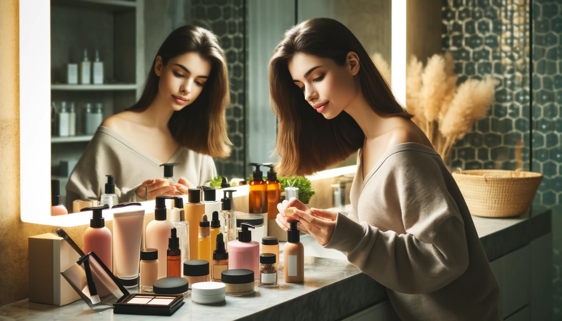 a young woman with budget-friendly beauty products