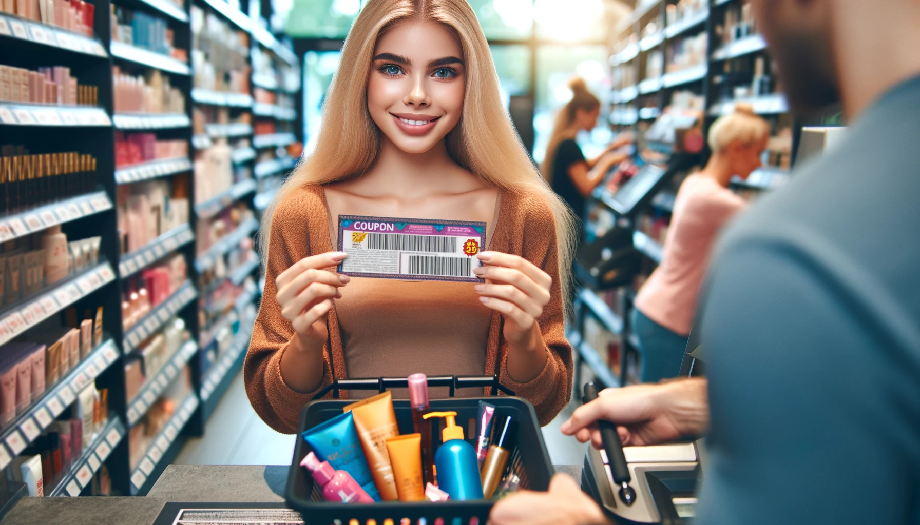 girl uses a coupon to buy cosmetic products