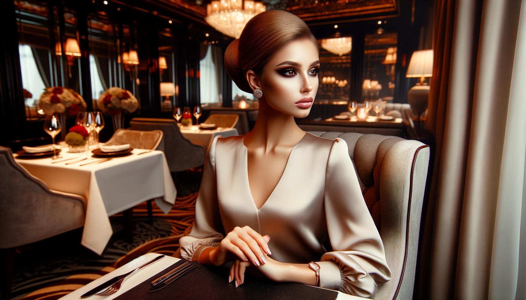 young woman with a luxurous makeup sitting in a restraunt